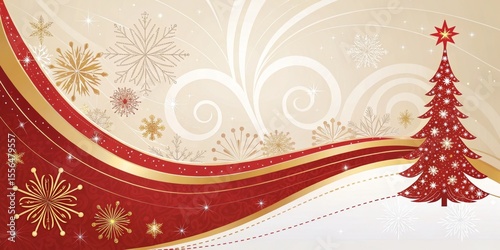 Red Gold Christmas Tree Wave Design, Holiday Background, Illustration, Festive, Winter Christmas card, Holiday design