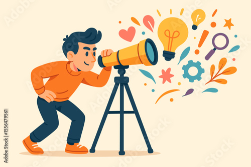Man with telescope searching for creative ideas. Metaphor for innovation, business vision, and inspiration. Innovator discovering new opportunities. Brainstorming concept vector illustration.
