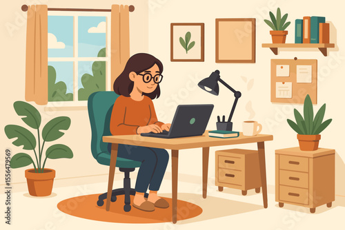 Woman working from home on laptop. Cozy home office interior with desk and plants. Freelancer, remote worker, or student. Business, education concept. Flat cartoon vector illustration.