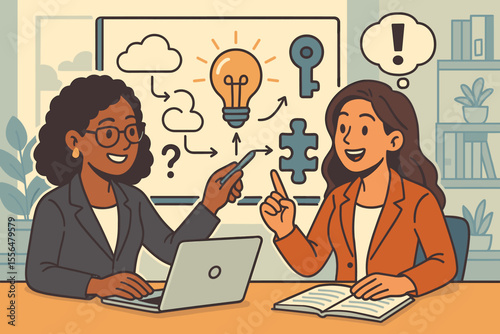 Businesswomen brainstorming solutions and unlocking strategies. Teamwork and collaboration concept. Diverse colleagues finding answers to problems in modern office. Vector cartoon.