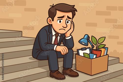 Fired man with box of stuff. Sad unemployed businessman sitting on stairs. Job loss, dismissal, unemployment crisis concept. Upset worker character after layoff. Cartoon vector.