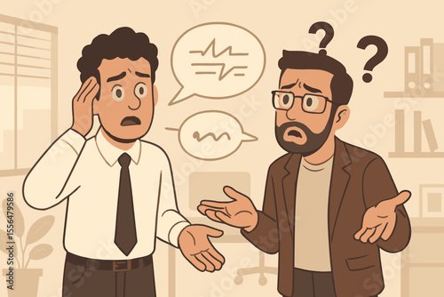 Communication problem concept with two confused colleagues having a misunderstanding at work. Difficult dialogue, business conflict, and argument between coworkers. Vector illustration.