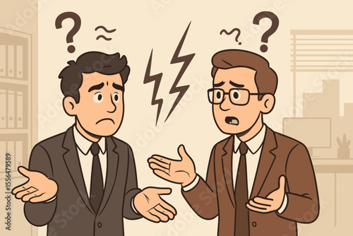Communication problem, misunderstanding. Two confused businessmen. Conflict, disagreement between colleagues. Difficult conversation in office. Business argument. Work challenge. Vector.