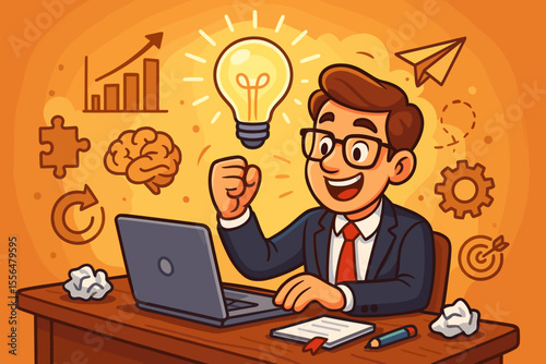Businessman Brainstorming Creative Solutions at Desk, Innovation and Problem Solving Concept, Lightbulb Idea, Growth Chart, Brain, Gears, Target, Vector Cartoon Illustration for Entrepreneurs