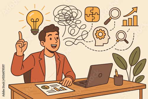 Creative Problem Solving and Innovation for Entrepreneurs. Businessman at Desk with Light Bulb Idea, Growth Chart, Puzzle, Mindset, Magnifying Glass. Vector Illustration for Strategy and Analysis