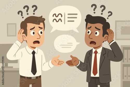 Two confused businessmen facing communication challenges. Misunderstanding and conflict between office colleagues. Language barrier concept with diverse men talking. Dialogue problem vector.