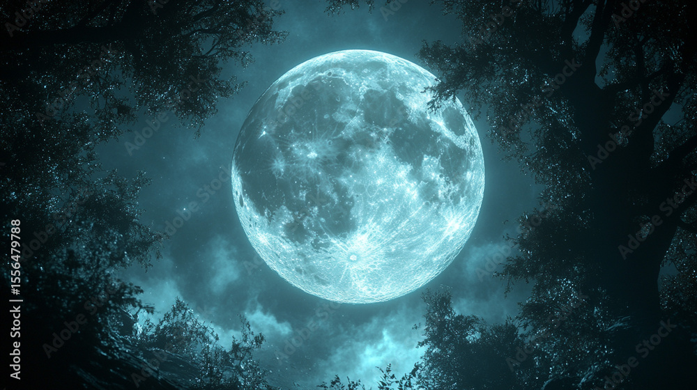 Fototapeta premium Blue full moon rising over dark forest at night