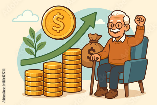 Senior enjoying financial growth and passive income in retirement. Cartoon vector of elderly man celebrating wealth, investment success, savings, pension, money management, secure future, prosperity