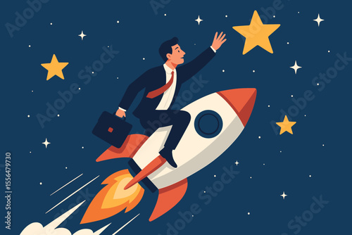 Ambitious businessman riding rocket reaching for stars, business success, leadership, career growth, ambition, opportunity, innovation, motivation, achievement, professional development vector