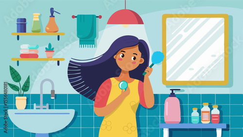 Woman brushing hair in bathroom with mirror, sink and toiletries in bright colorful cartoon interior