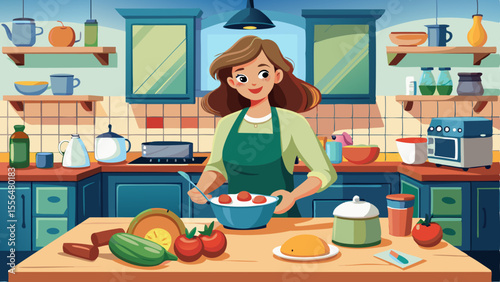 Woman preparing salad with tomatoes in cozy kitchen with fresh vegetables and colorful interior elements