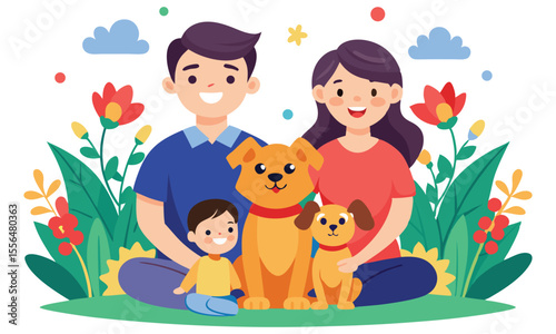 A happy family with two dogs sitting together outdoors surrounded by flowers and greenery under a blue sky with clouds and colorful dots