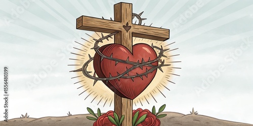 Sacred Heart on Cross Digital Illustration, Religious Art, Christian Symbolism, Holy Heart Religious art, Christianity