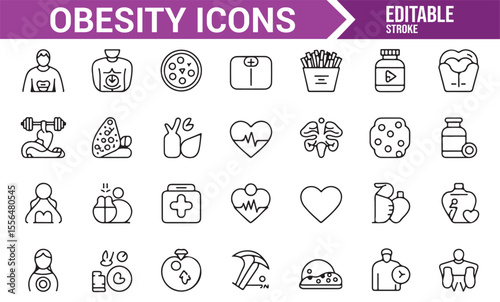 Set of wellness icons for fitness, food, and exercise to raise obesity awareness and improve health.