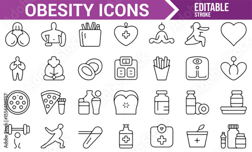 Collection of obesity and fitness icons to promote healthy eating, exercise, and weight loss.