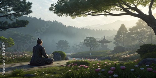 Serene Monk Meditating in Misty Zen Garden Digital Painting, Landscape Composition, Mindfulness, Tranquility, Zen Buddhism Zen Garden,Digital Art