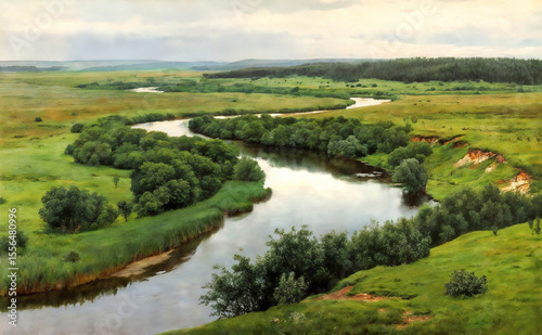 Scenic river winding through green landscape under cloudy sky  