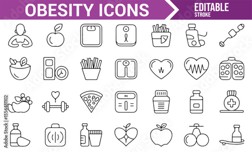 Set of obesity-related icons, including food items, exercise equipment, and wellness symbols for health design.