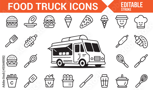 Vector icons representing food trucks, catering services, and food items