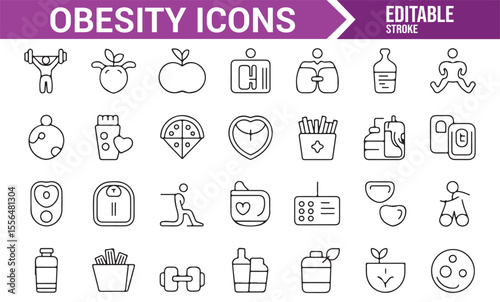 Icons of food, fitness, and exercise for weight management and health awareness campaigns.