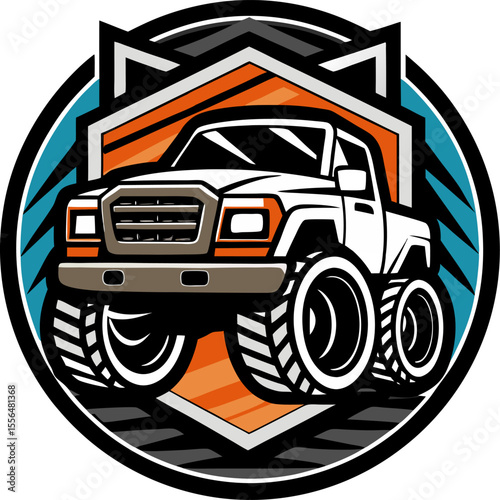 "Pickup truck logo with rugged tire motif" on a white background.