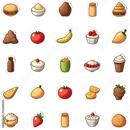 Assorted desserts and snacks including cupcakes, fruit, beverages, and candies arranged in a