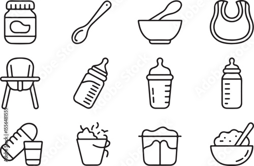 Essential Baby Feeding Icons Highchair, Bowls, Bottles, Spoons, and Bibs