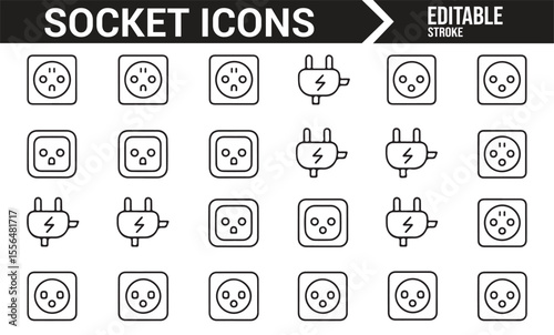 Collection of electrical power plug and outlet icons for use in home, office, and technology-related designs.