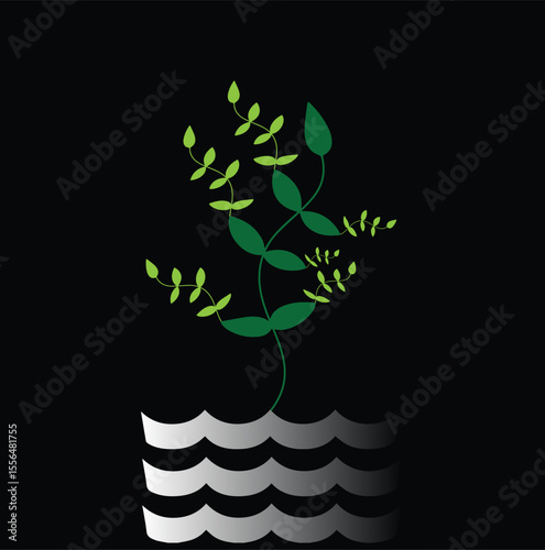 vector illustration of a tree with black silhouette background design and gradient color in pot with geen plant bunch