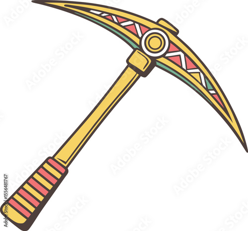 Stylized Illustration of a Golden Pickaxe with Intricate Geometric Designs and Contrasting Colors, Depicting Mining or Ancient Tool