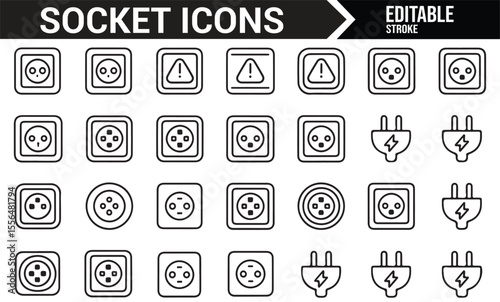 Vector illustrations of power sockets, plugs, and electrical devices for technology and home improvement projects.