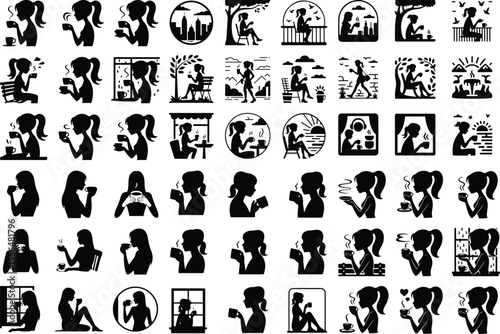 Girl Drinking Coffee Silhouette Set – Stylish Morning Icon Collection Coffee Lover Female Vector Icons – Minimal Girl & Hot Drink Design