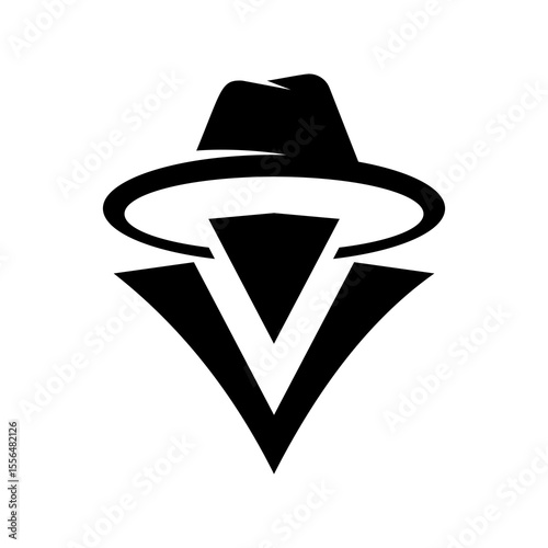 Mysterious figure in a fedora, a stylized logo.