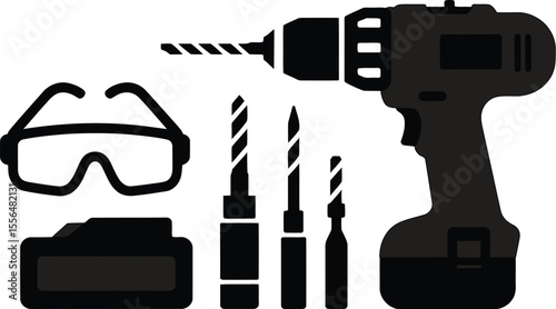Blue drill and drill bits vector illustration for diy projects and home improvement and construction work 100 editable vector illustration with png format