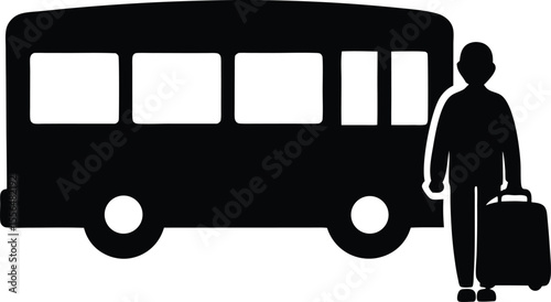 Person with luggage near bus station silhouette vector illustration