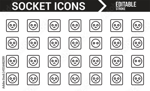 Collection of socket and plug icons for electrical devices, home appliances, and power systems.