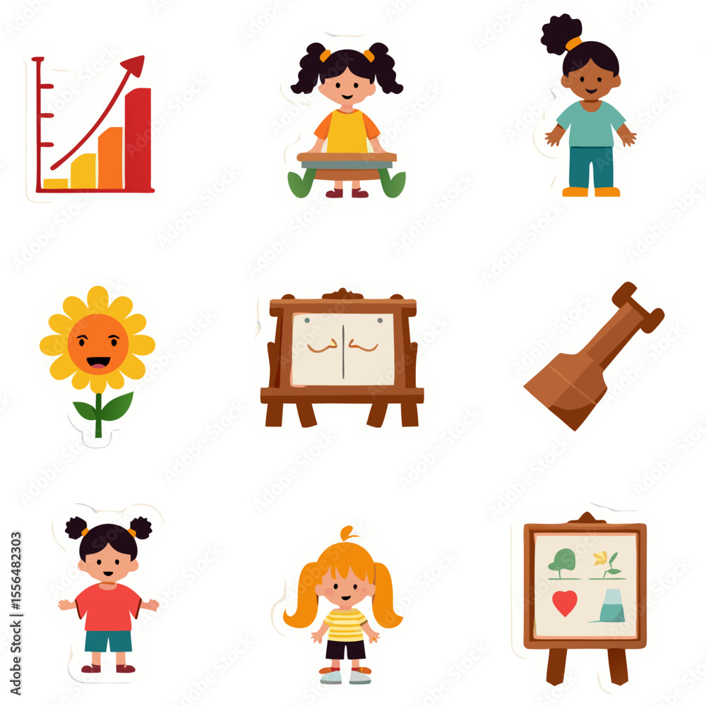 Fototapeta premium Cute and Playful Stickers Set Featuring Children and Nature Themes for Kids Decoration