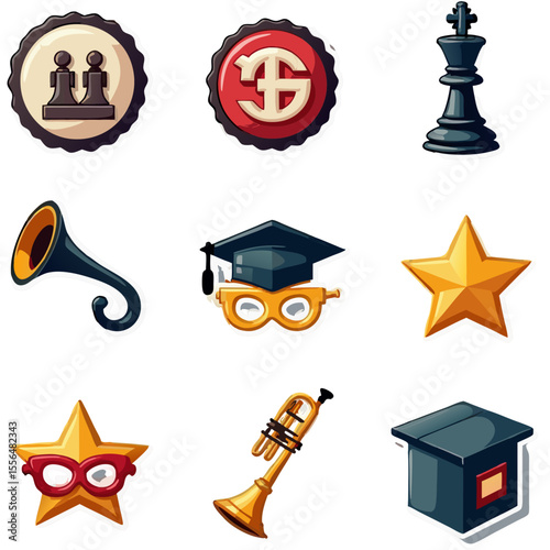 Set of playful and colorful icons representing chess, graduation, and entertainment themes