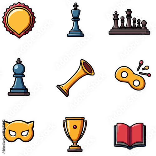 Collection of chess and gaming themed stickers featuring pieces, trophies, and related symbols on