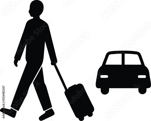 Person with luggage and car simple shape silhouette vector illustration