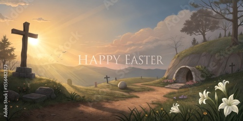 Sunrise Resurrection Digital Painting of Easter Landscape, Cross, Tomb, Easter, Resurrection Easter, Christian