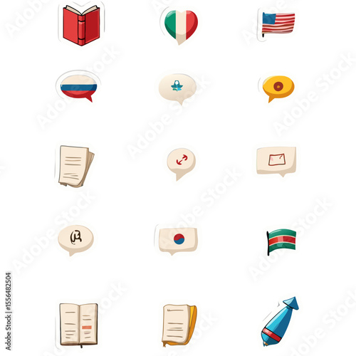 A diverse collection of digital icons representing communication languages and symbols for global