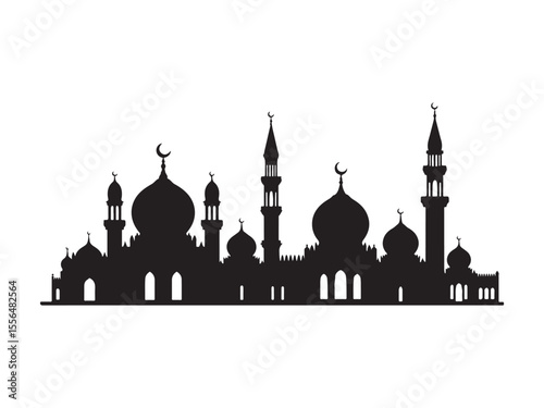 Black silhouette of a mosque with multiple domes and minarets