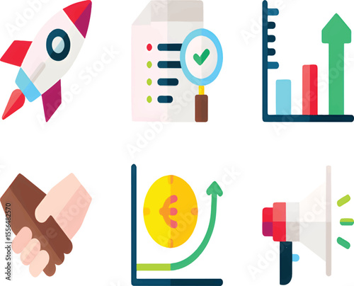 Startups Icon Set for Innovation, Business Launch, Entrepreneurship, and Creative Projects