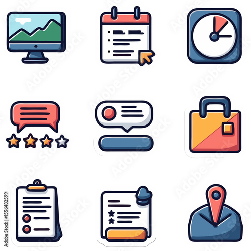 Collection of digital icons representing business and communication concepts in a clean vector style