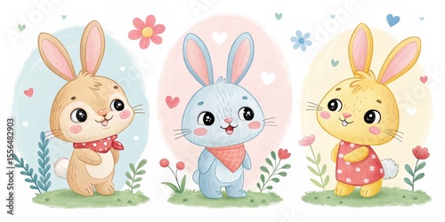 Three Cute Bunny Rabbits Watercolor Illustration, Pastel Colors, Spring Theme, Childrens Art Easter Bunnies, Cute Animals