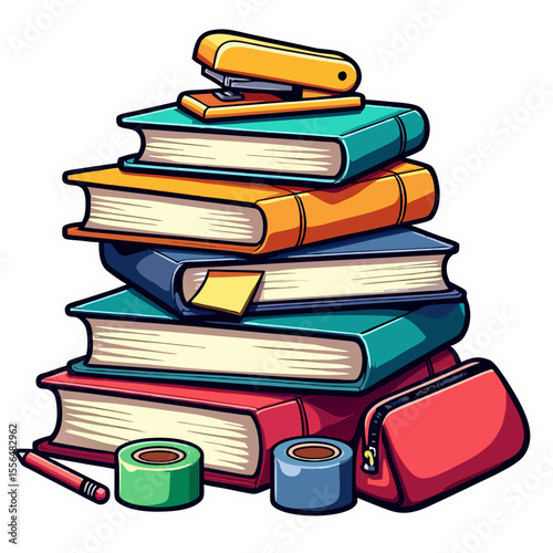 Colorful comic-style illustration of a stacked pile of school textbooks and supplies for students
