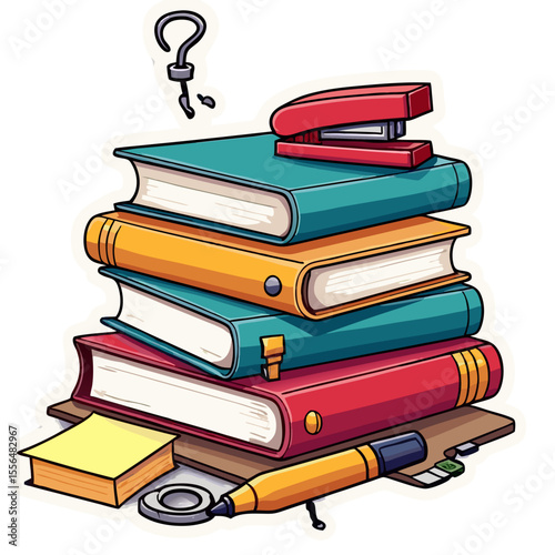 Stack of various colored books and stationery with a magnifying glass and a character with a