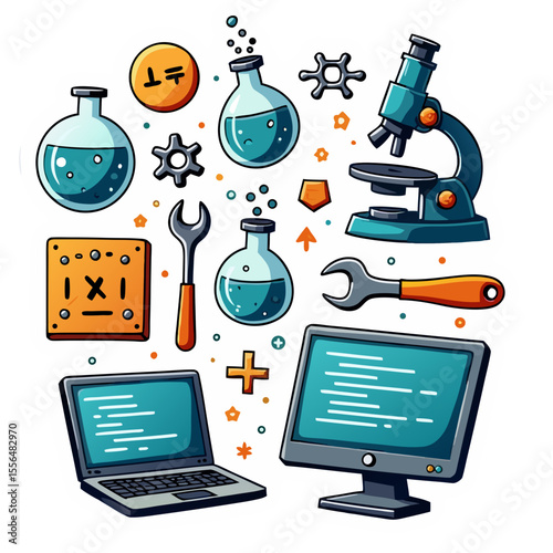 science laboratory tools and equipment illustration including test tubes microscopes and computers
