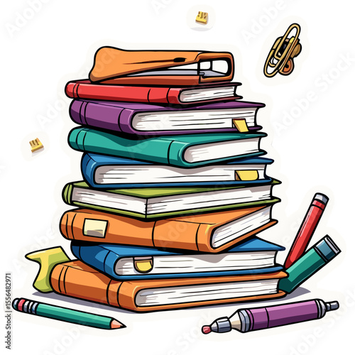 Colorful Stack of Books with Stationery Items and Sticky Notes Illustration for Educational and